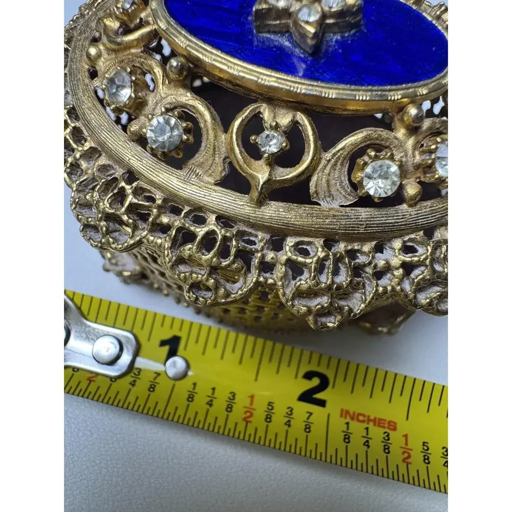 Vintage Florenza Jeweled Filigree Trinket Box Cobalt Blue Enamel Footed Oval